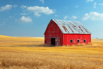 Obraz premium rural landscape art, a classic red barn surrounded by golden wheat fields and a blue sky, showcasing the allure of countryside living