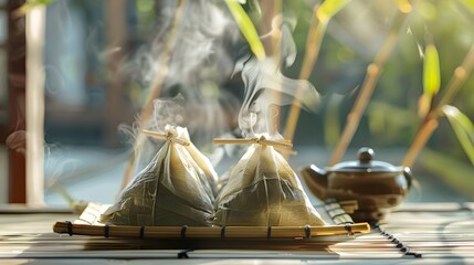 Steaming zongzi wrapped in bamboo leaves on a table

