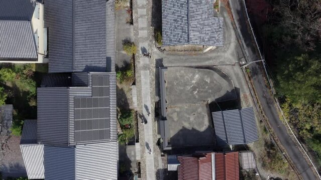 Top down aerial view of restored houses in Magome, aka Magome-juku, Japan. Magome is a former post town on the Nakasendo trail, a major route that connected Tokyo with Kyoto in the feudal ages.	
