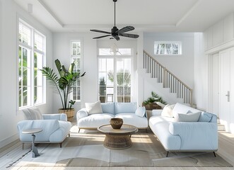Fototapeta premium White living room with light blue chairs, coffee table and staircase in the background stock photo 