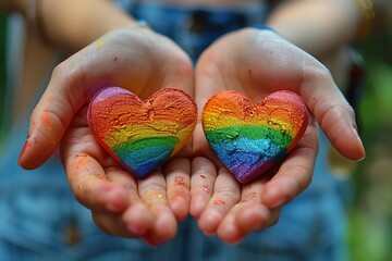 Two rainbow hearts held in open hands, symbolizing love, acceptance, and pride.