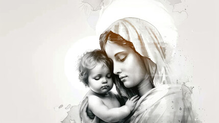 Motherhood. Mother Mary with baby Jesus, digital drawn illustration on neutral background