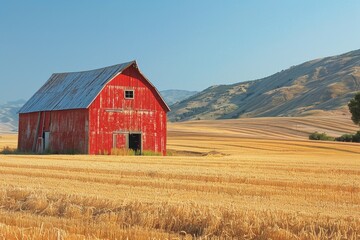 rural landscape illustration, a vintage red barn stands amidst golden wheat fields under a bright blue sky, showcasing the allure of rural living
