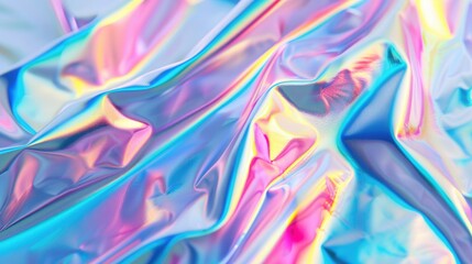 Fototapeta premium Close up of iridescent holographic metallic foil background with pastel neon colors Abstract contemporary blurred curved surreal futuristic backdrop for disco rave techno and festive dreamli