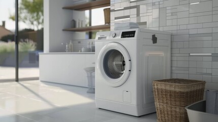 Coin operated washing machine businessA coin-operated washing machine with a stack of laundry baskets nearby.