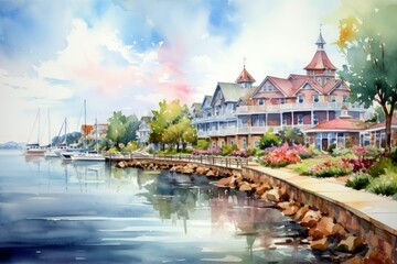 Fototapeta premium Seaside towns - Generative AI
