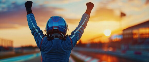 Racing driver celebrating victory in a car race, standing with raised hands on the track at sunset, wearing a blue suit and helmet, back view. Highly detailed, ultra realistic photo
