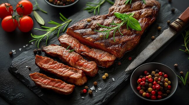 Churrasco, carne assada e carne grelhada fatiada sob uma mesa com temperos que abre o apetite