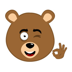 vector illustration face brown bear grizzly cartoon, winking eye and with his hand making an ok or perfect gesture