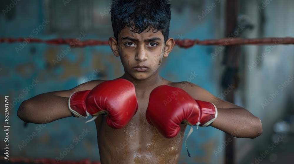 Wall mural Young boxer from South Asia with red gloves