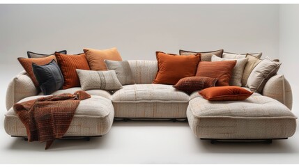 Designer sofa stands on a white isolated background . Sofa made of wood and fabric in two tones