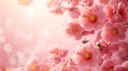 Pink spring flowers, neon art style, flat lay, sunlight, banner, empty space