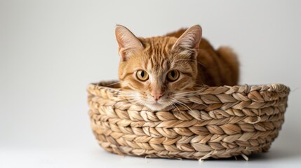 A ginger cat entering a woven basket against a white background