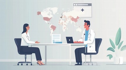 Global Health Consultation: Illustrate a doctor providing a virtual consultation to a patient from a different country, showcasing the global reach and accessibility of online healthcare services.