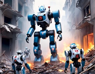 A team of rescue robots navigates through the rubble of a devastated urban area, illustrating high-tech emergency response.. AI Generation