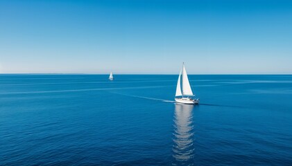 Two sailboats gliding across a calm blue sea under a clear summer sky, the perfect embodiment of freedom, adventure and serenity on the open water