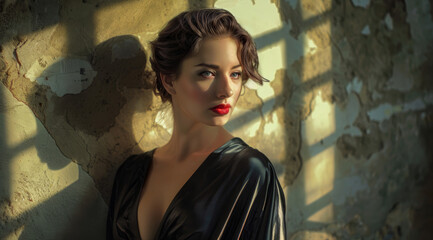 Obraz premium A young woman with fair skin and dark hair styled in soft waves and wearing a shiny black dress made of satin or silk. The lighting creates dramatic shadows on the textured wall behind her.