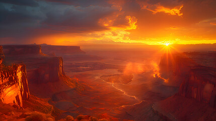 Fototapeta premium A nature gorge during sunset, the sky ablaze with colors, and the cliffs casting long shadows