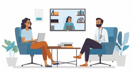 Online Mental Health Therapy Session: Illustrate a virtual mental health therapy session with a therapist and a patient, emphasizing a supportive and confidential environment.