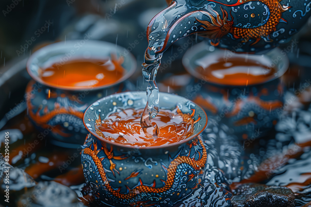 Poster Teapot adorned with intricate dragon motifs, symbolizing strength and prosperity, pouring fragrant oolong tea into ornate cups. Concept of symbolism and cultural significance. Generative Ai.