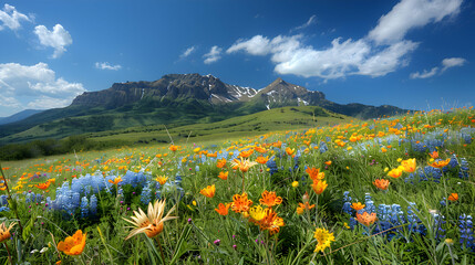 Fototapeta premium A nature grassland scene with wildflowers in full bloom, the vibrant colors contrasting with the green grasses