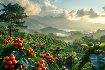 Coffee plantation nestled in the lush hillsides, with workers hand-picking ripe cherries under the tropical sun, ensuring the highest quality beans.  Generative Ai. - Powered by Adobe