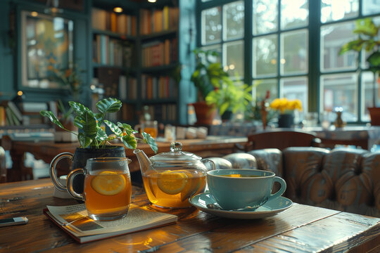 A book club meeting in a cozy cafe, where members engage in spirited discussions about literature over cups of aromatic tea. Concept of intellectual exchange and literary appreciation. Generative Ai.