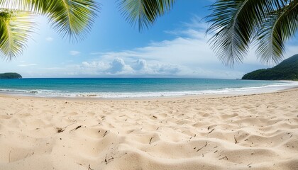 A stunning panoramic view of a paradise beach with golden sand and blurred palm leaves. Perfect for a summer banner.