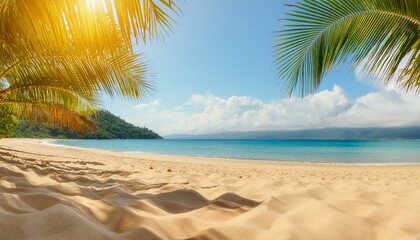 A stunning panoramic view of a paradise beach with golden sand and blurred palm leaves. Perfect for a summer banner.