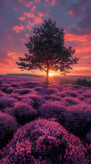 Fototapeta premium A nature heathland scene with a lone tree silhouetted against the setting sun, the sky glowing with vibrant colors