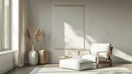 3D Rendered Minimalist Living Room with Modern Poster Mockup