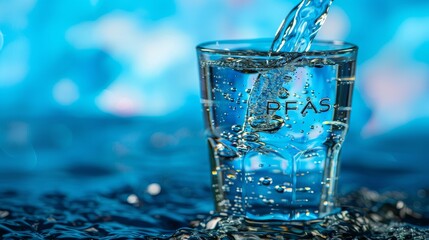 Glass contaminated drinking water, warning sign PFAS, concept of protection and survival, toxicity, health risk, banner © Anzhela