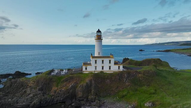 Turnberry Lighthouse from a drone, Turnberry Point Lighthouse, Trump Turnberry Golf Resort, South Ayrshire Coast, Scotland, UK