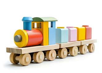 Wooden toy train with colorful blocks isolated on a white background, in the style of unknown artist