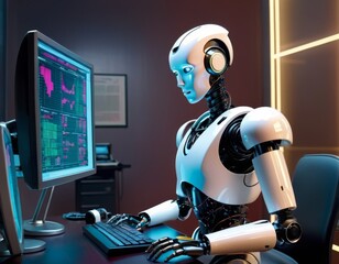 A sleek white humanoid robot attentively analyzing stock market data on a computer screen in a dimly lit office setting.. AI Generation