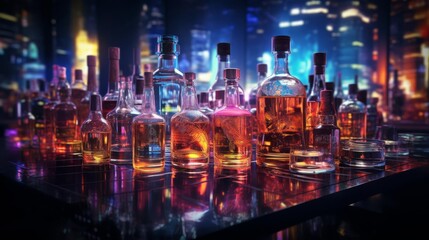 Cocktail bar scene neonlit shelves of assorted drinks and bottles