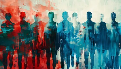 Abstract silhouettes of people painted with a blend of vibrant red and blue colors, creating a dynamic and enigmatic visual effect.