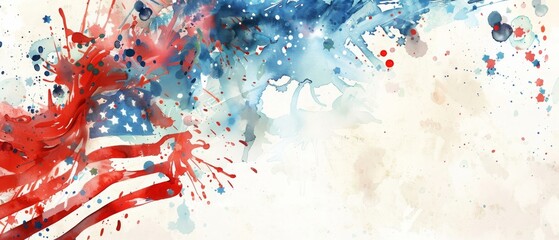 Abstract watercolor painting of the American flag with blue and red splashes on a white background, representing patriotism and creativity.