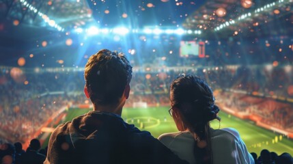 A couple is watching a soccer game from the stands football fans
