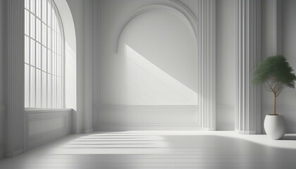 Fototapeta premium Minimalist abstract light gray background for product presentation, featuring soft shadows and light streaming through windows onto a white wall