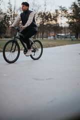 Obraz premium A young male teenager spends a serene afternoon biking on a park pathway surrounded by trees and nature.
