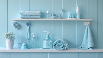 Essential housekeeping tools organized neatly against light blue wall