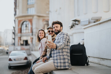 A group of young entrepreneurs engaged in a casual business meeting outside, collaborating while using a smart phone in an urban city area.