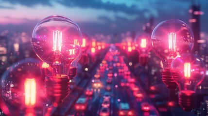 Futuristic digital landscape filled with vibrant light bulbs