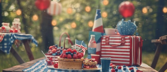 Naklejka premium Festive summer picnic setup with patriotic decorations, fresh berries, and beverages in a beautiful outdoor setting.