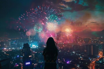 Silhouette of a person watching vibrant fireworks display over a bustling cityscape at night, with colorful explosions lighting up the sky.