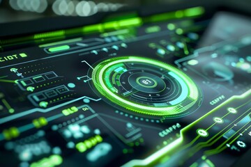 Carbon neutral initiatives balance emissions, focused on a closeup of a smart carbon tracking tool, detailed with futuristic technology