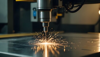 The CNC Fiber Laser Cutting Machine Cutting the Metal Plate with Sparking Light: Sheet Metal Working Operation
