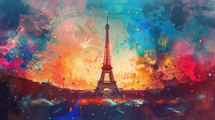 Vibrant artistic depiction of the Eiffel Tower at sunset with colorful abstract background, highlighting Parisian beauty.