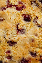 close up of cherry clafoutis in cast iron skillet